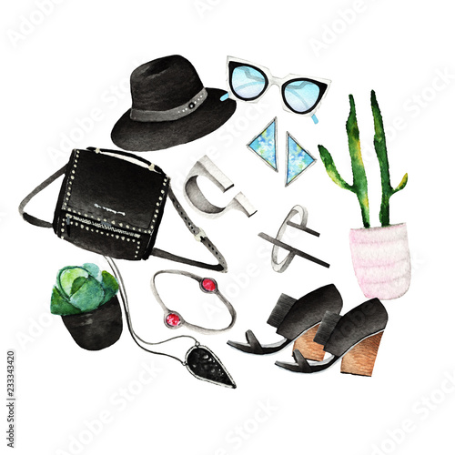 Watercolor Fashion Illustration. set of trendy accessories. Tokyo style. hat, bag, sunglasses, bracelets, rings, earrings, pendant, shoes, cactus