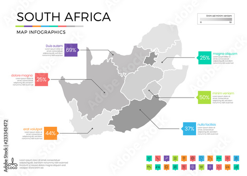 South Africa map infographics with editable separated layers, zones, elements and district area in vector