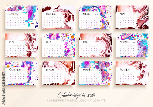 Calendar design for 2019. Set of 12 calendar pages vector design print template with mixture liquid acrylic painted. Marble effect painting. Fluid colors textures. Modern artwork. Trendy design.