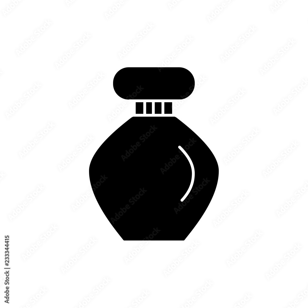 Black & white vector illustration of perfume bottle. Flat icon of glass container for aroma fragrance or other beauty product. Isolated object Black & white vector illustration of perfume bottle. Flat icon of glass container for aroma fragrance or other beauty product. Isolated object