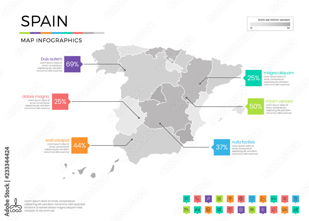 Spain map infographics with editable separated layers, zones, elements and district area in vector