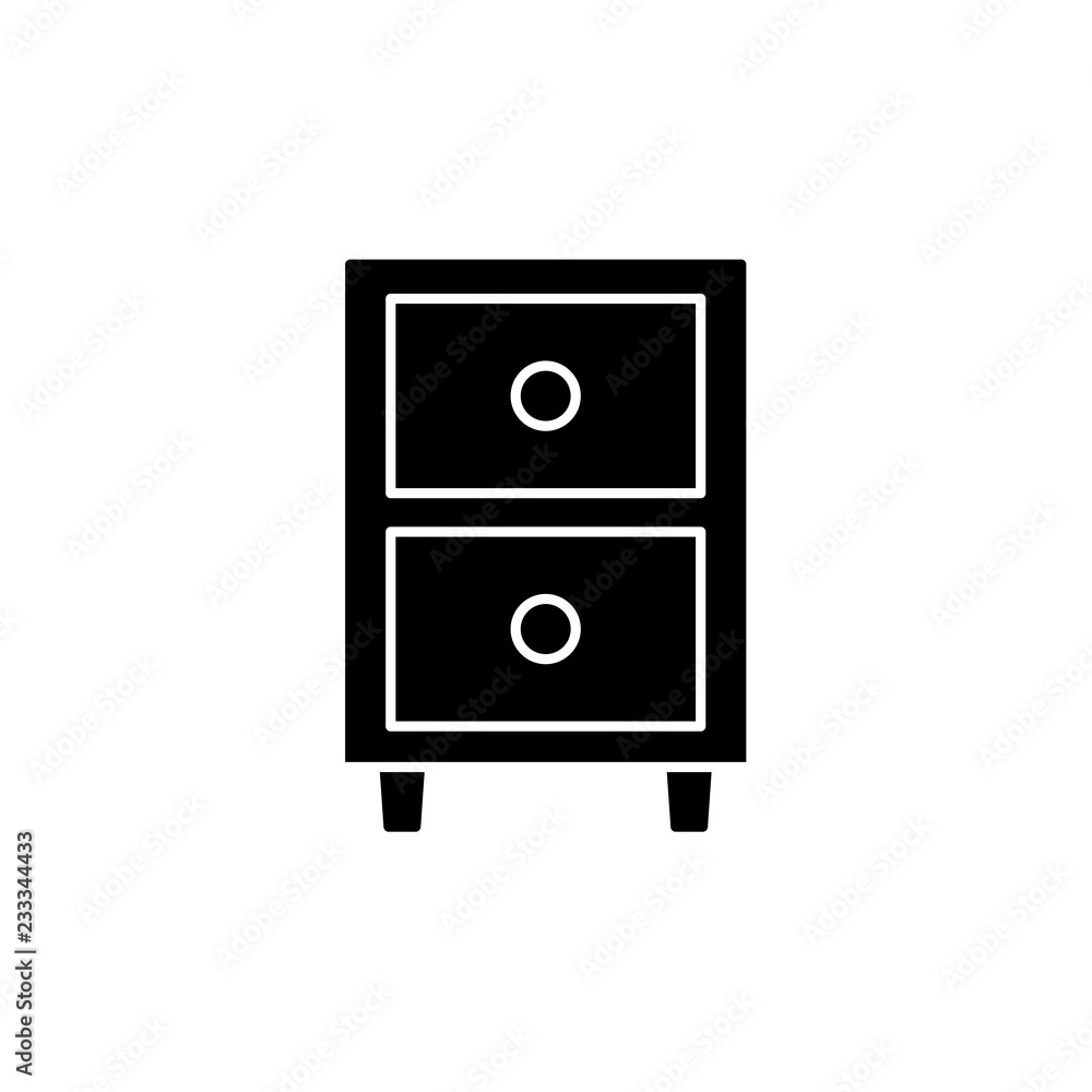 Black & white vector illustration of nightstand with 2 drawers. Flat icon of night or bedside table. Bedroom furniture. Isolated object Black & white vector illustration of nightstand with 2 drawers. Flat icon of night or bedside table. Bedroom furniture. Isolated object