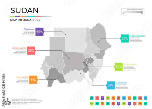 Sudan map infographics with editable separated layers, zones, elements and district area in vector