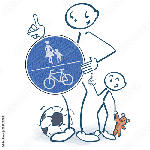 Strichmännchen mit einem  Fußgänger und Fahrradweg vor dem Körper