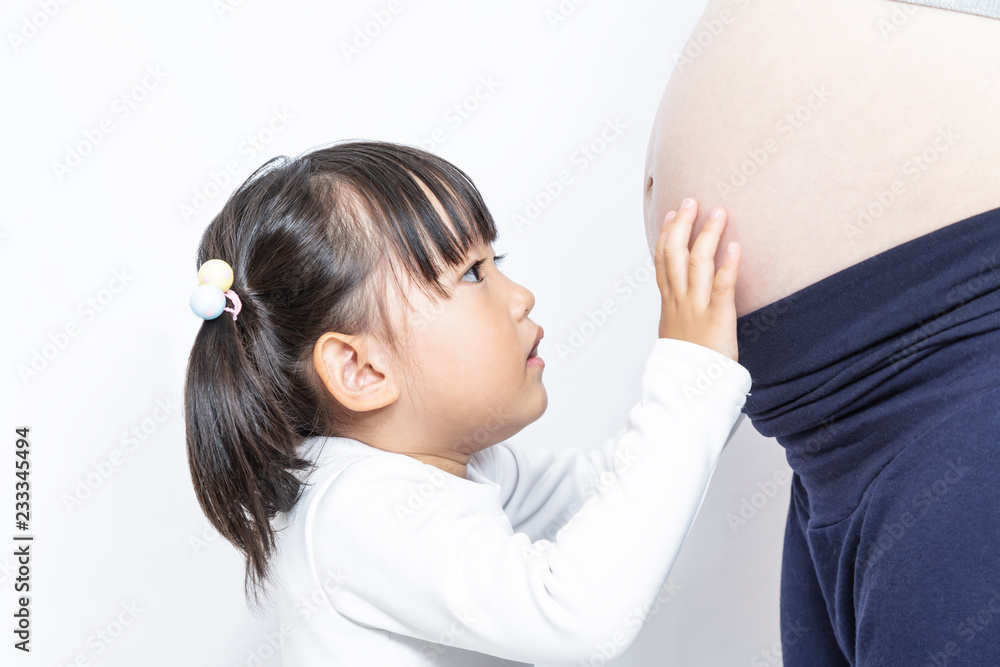妊娠後期のお母さんの大きなお腹を触る幼い女の子 家族 育児 妊娠 愛 幸せイメージ Foto De Stock Adobe Stock