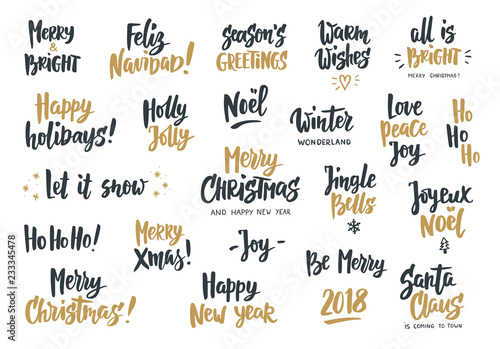 Set of holiday greeting quotes and wishes. Hand drawn text. Great for cards, gift tags and labels, photo overlays, party posters.