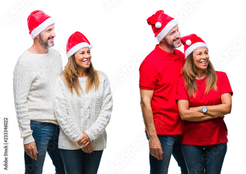 Collage of middle age mature beautiful couple wearing christmas hat over white isolated background looking away to side with smile on face, natural expression. Laughing confident.