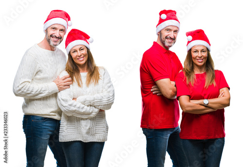 Collage of middle age mature beautiful couple wearing christmas hat over white isolated background happy face smiling with crossed arms looking at the camera. Positive person.