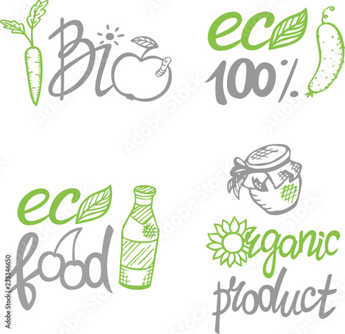 Healthy, natural, fresh, farm, eco food. Stamps. Hand drawn lettering. Vector illustration isolated on white background