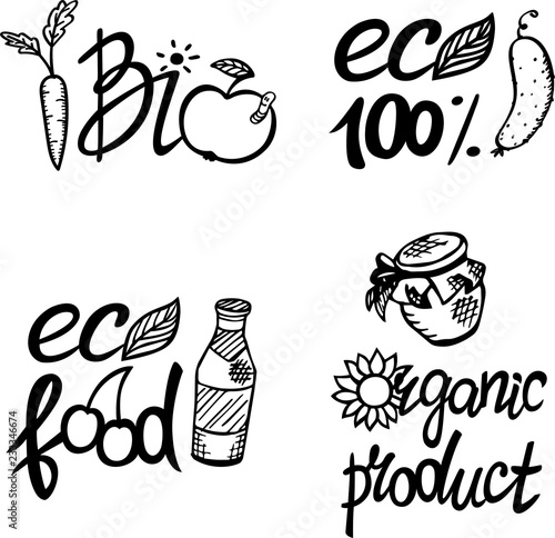 Healthy, natural, fresh, farm, eco food. Stamps. Hand drawn lettering. Vector illustration isolated on white background