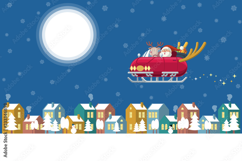 Santa flying sleigh car over winter town at night