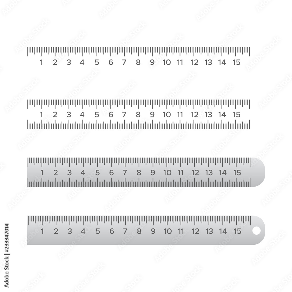 Metallic school rulers. Ruler centimeter, millimeter, decimeter vector  illustration Stock Vector