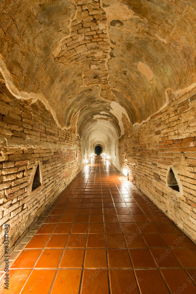 Obraz premium Unseen Thailand the old tunnel of Wat Umong Suan Puthatham temple in Chiang Mai, Thailand