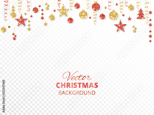 Christmas garland. Red and gold glitter ornaments isolated on white. Hanging ribbons and balls, tree and stars