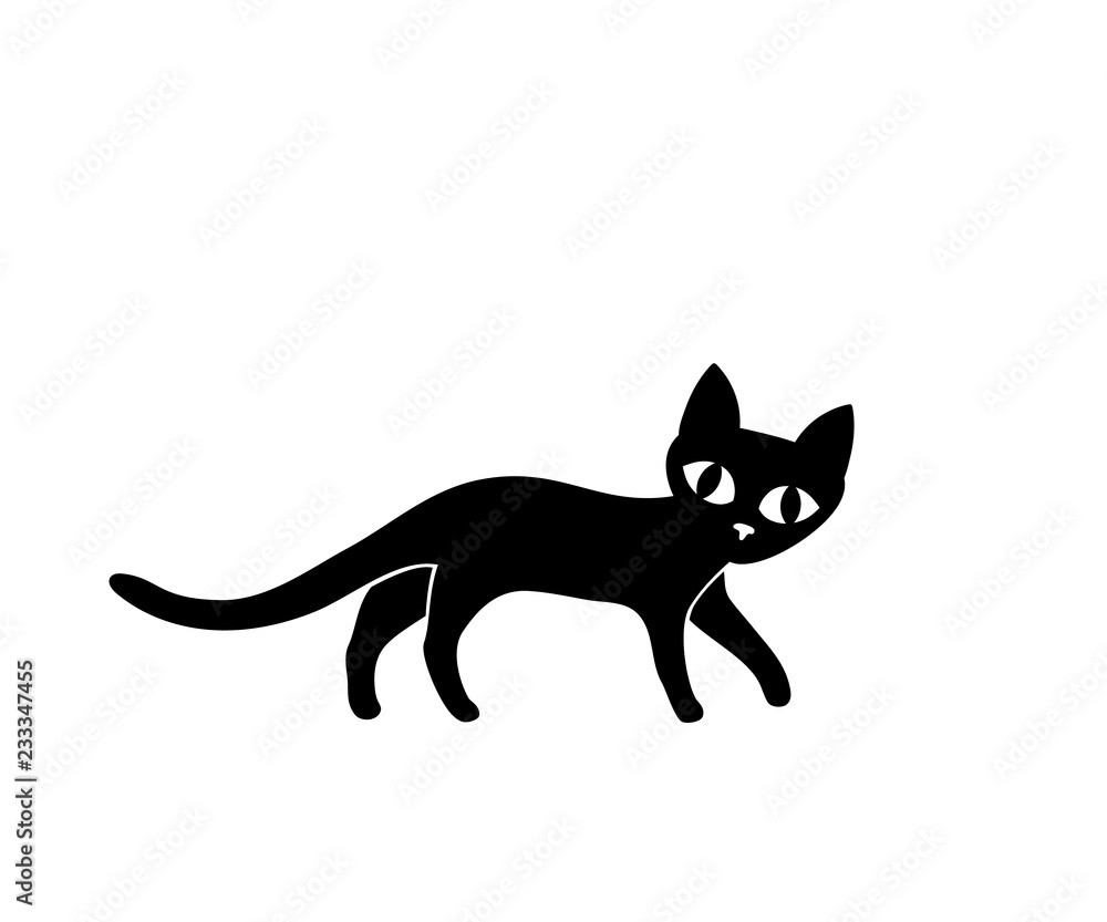Fototapeta premium Cute small black cat with big eyes walking, vector illustration