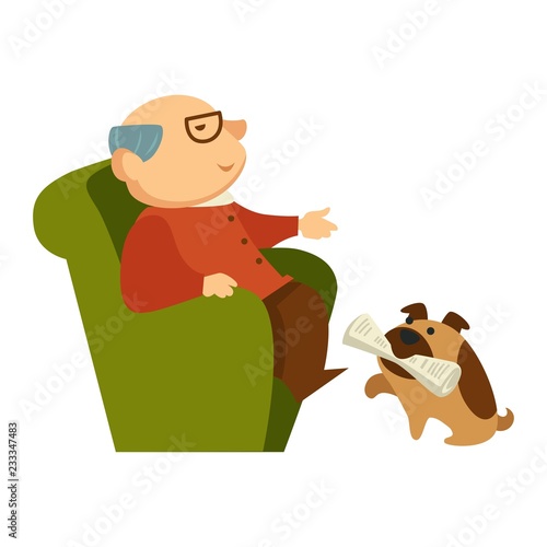 Dog fetching a newspaper for grandpa sitting in the armchair