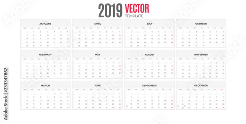Desk Monthly Calendar 2019 year. Vector colorful template