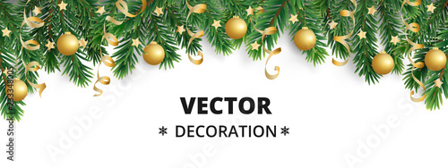 Winter holiday background. Border with Christmas tree branches. Garland, frame with hanging baubles, streamers