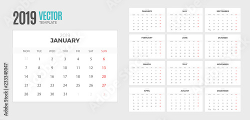 Desk Monthly Calendar 2019 year. Vector colorful template