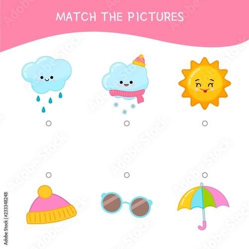 Matching children educational game. Match parts of weather and objects.. Activity for pre shool years kids and toddlers.