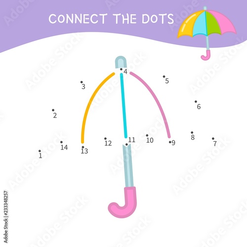 Educational game for kids. Dot to dot game for children. Cartoon umbrella.