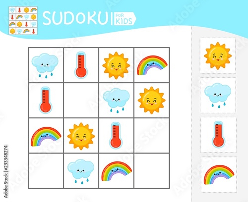Sudoku game for children with pictures. Kids activity sheet. Cute weather set. 
