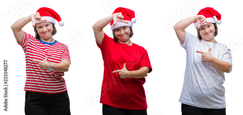 Collage of down sydrome woman wearing christmas hat over isolated background smiling making frame with hands and fingers with happy face. Creativity and photography concept. photo