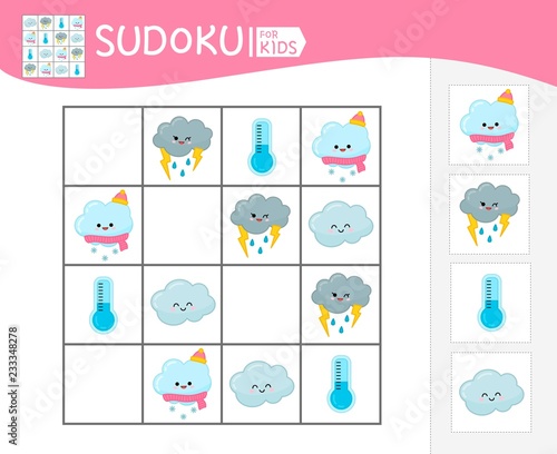 Sudoku game for children with pictures. Kids activity sheet. Cute weather set. 