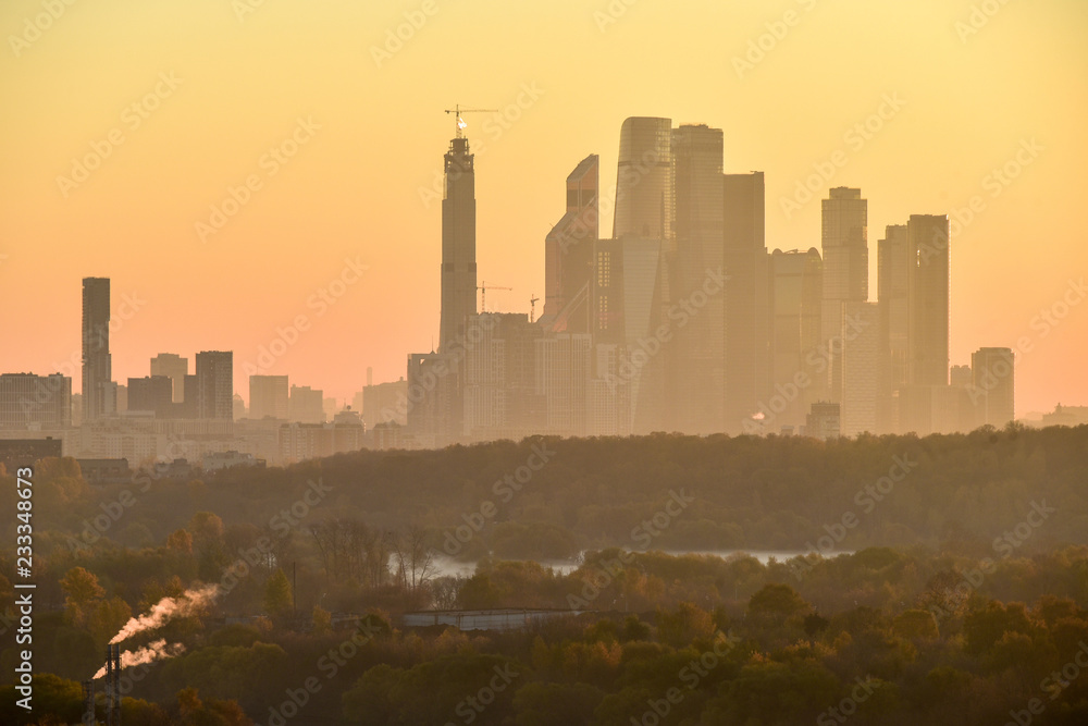 Skyline view of the Moscow International Business Center at dawn.