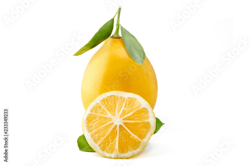 lemon fruit with leaf isolated on white background