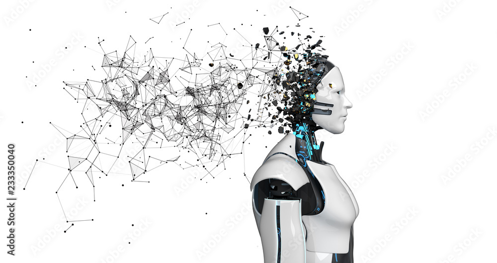 Robot Fragmented Head Networks White - obrazy, fototapety, plakaty 