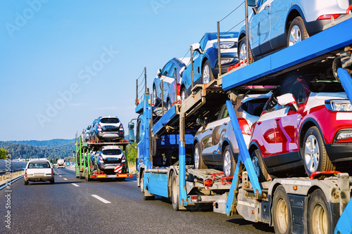 Cars carrier truck on asphalt highway road Poland © Roman Babakin
