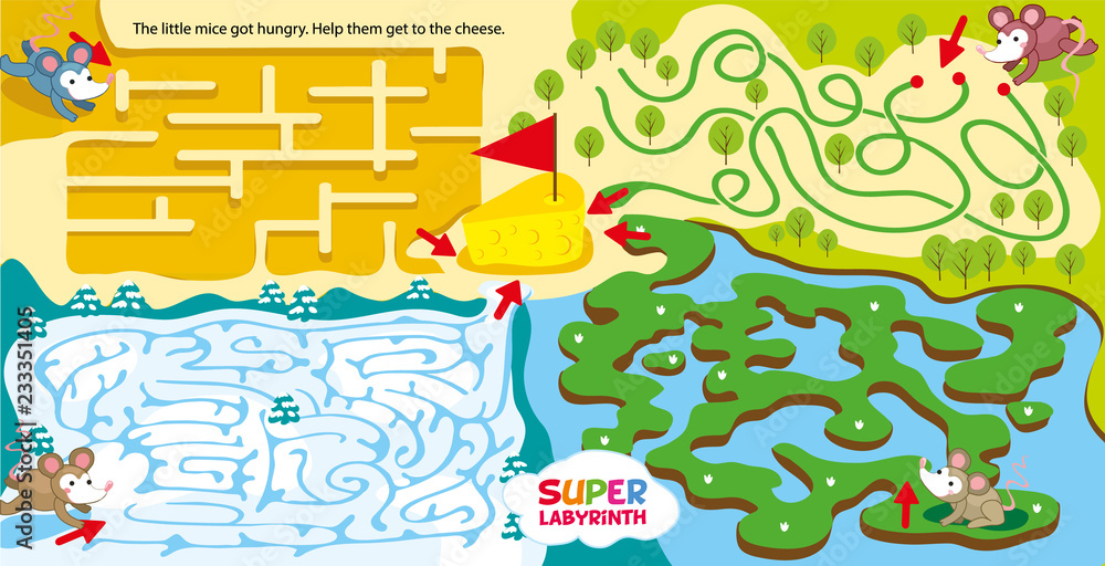 Super maze for kids. childrens labyrinth game. Pumping of logical and spatial thinking. Help little mice from different locations to get piece of cheese. Learn and play. Vector hand draw illustration.