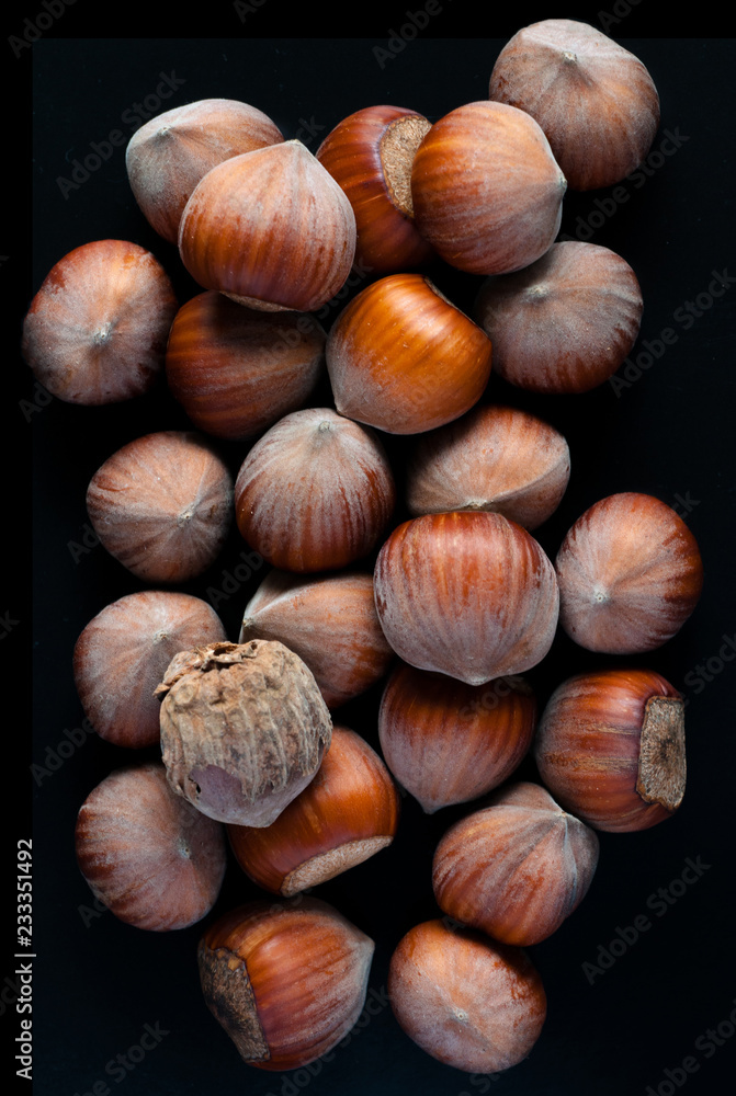 Hazelnuts . Whole nuts, shelled. Ground hazelnuts and hazelnut brittle. Macro photo, close up, top view, isolated, on black background. Hazelnuts . Whole nuts, shelled. Ground hazelnuts and hazelnut brittle. Macro photo, close up, top view, isolated, on black background.
