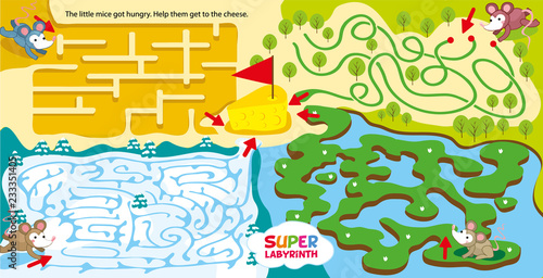 Super maze for kids. childrens labyrinth game. Pumping of logical and spatial thinking. Help little mice from different locations to get piece of cheese. Learn and play. Vector hand draw illustration.