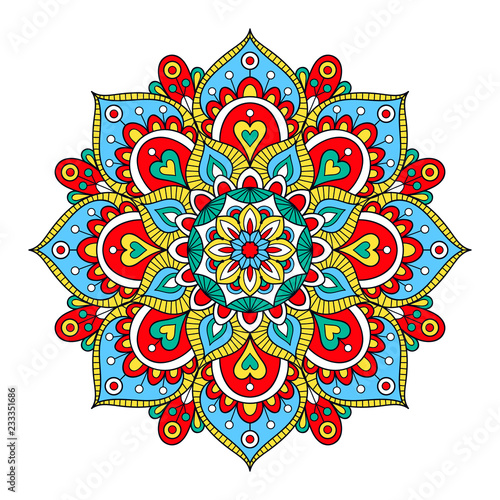 Vector hand drawn doodle mandala. Ethnic mandala with colorful tribal ornament. Isolated. Bright colors.