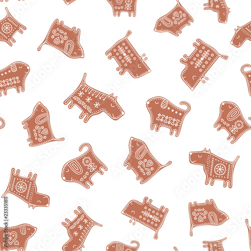 Vector seamless pattern with gingerbread dogs. Cute New Year background with cookie puppy. Illustration in flat style with doodle ornament.