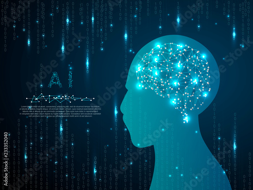 Ai brain low poly robot image. Vector polygonal wireframe closeup mobile phone with gradient blue screen with man hand and fingers. Illustration dark blue Binary code matrix background
