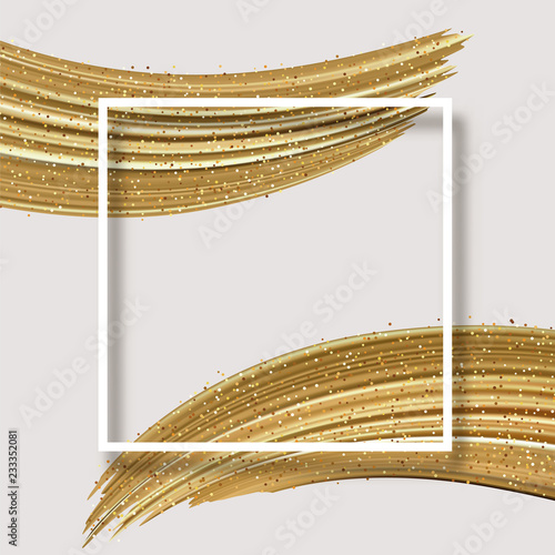 White abstract card with square frame and gold shiny brushstrokes.