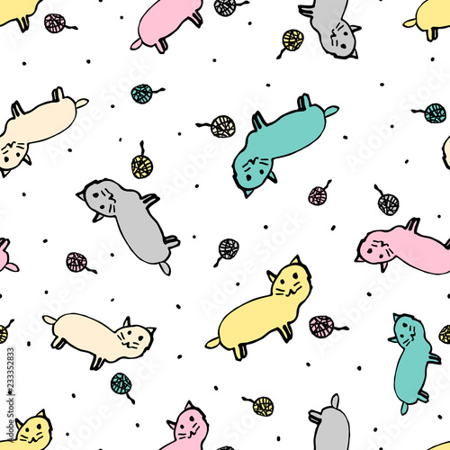 Vector seamless pattern with cats and ravels . Simple hand drawn background with doodle kittens. Pastel colors.