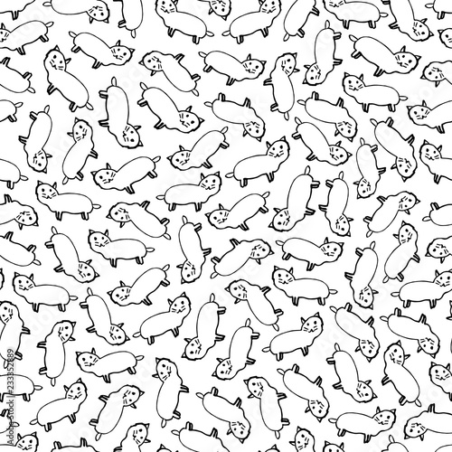 Vector seamless pattern with cats. Doodle hand drawn background with kittens. Black and white colors. Outline. For coloring.