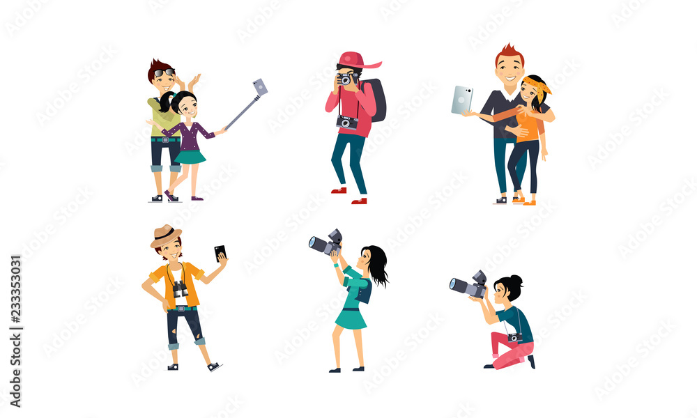 People taking photos set, professional photographer with camera, creative people doing selfie vector Illustration on a white background