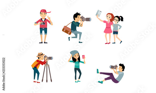 People taking photos set, model posing while photographer photographing, girls doing selfie vector Illustration on a white background