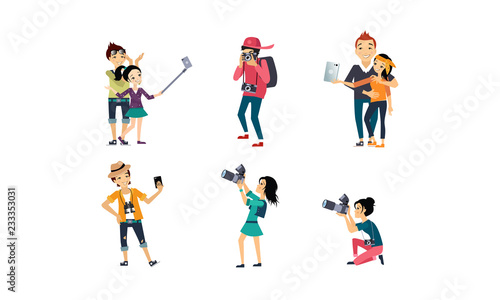 People taking photos set, professional photographer with camera, creative people doing selfie vector Illustration on a white background