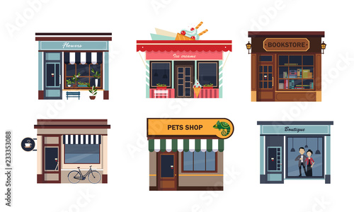 Facades of various shops set, flower, ice cream, bookstore, cafe, pets shop, boutique vector Illustration on a white background