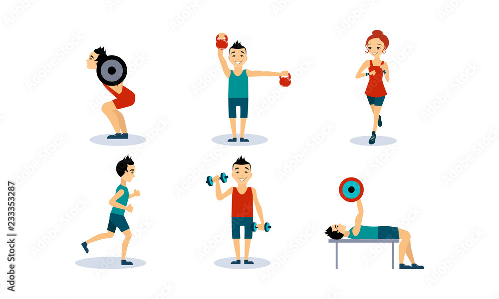 People doing sport exercises set, men and women training with barbell, dumbbell, running, doing fitness and yoga exercises, active healthy lifestyle concept vector Illustration