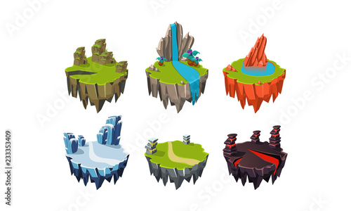 Rock islands set, fantasy elements of natural landscape, user interface assets for mobile apps or video games vector Illustration on a white background