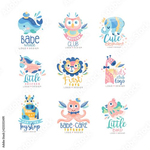 Kids club and toyshop logo design set, emblems with cute animals can be used for baby shop, education center, kids market, kindergarten and any other children projects vector Illustration