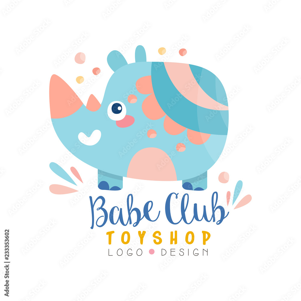 Babe club toyshop logo design, badge with cute rhino can be used for baby store, kids market vector Illustration on a white background Babe club toyshop logo design, badge with cute rhino can be used for baby store, kids market vector Illustration on a white background