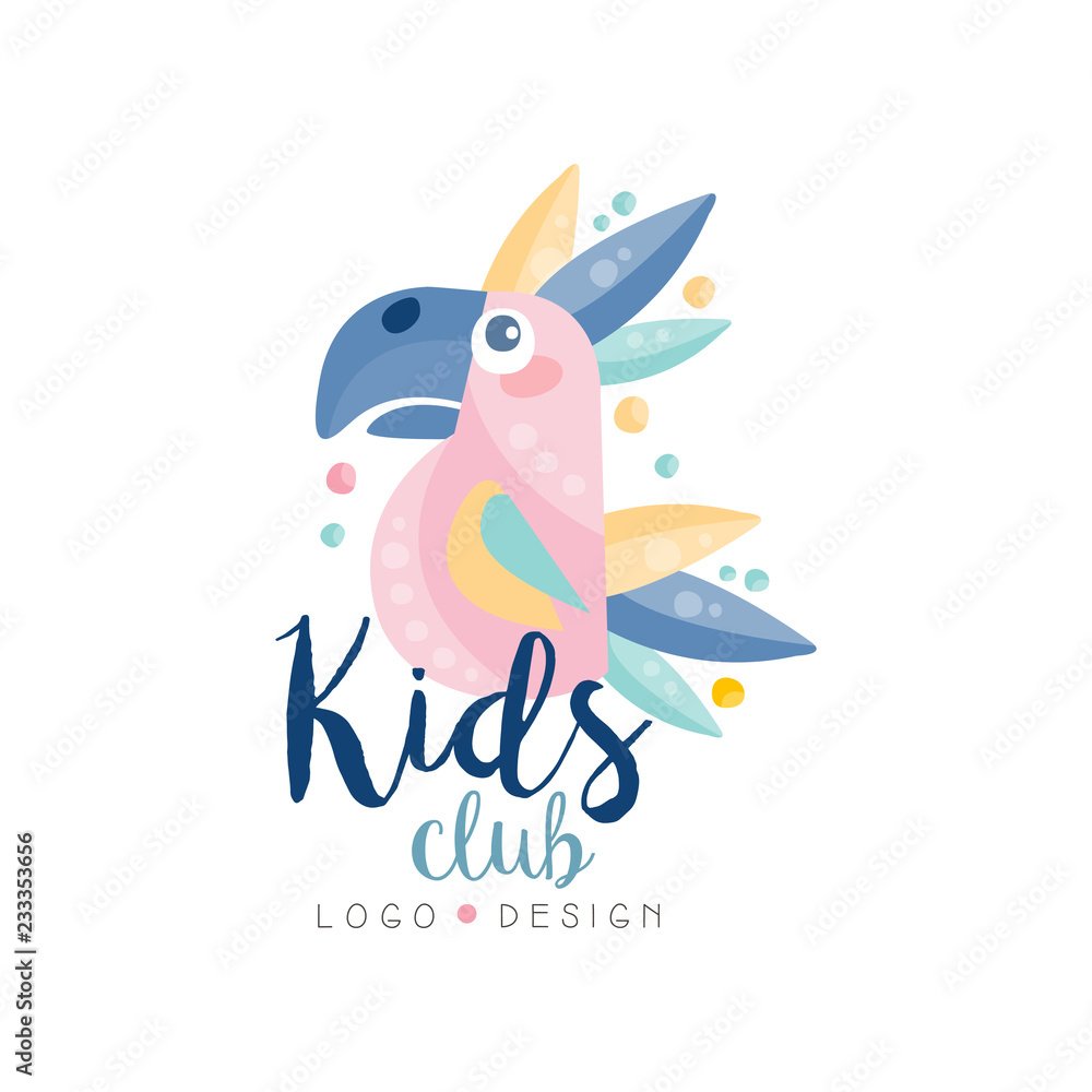 Kids club logo design, emblem with cute parrot can be used for education center, baby shop, kids market, kindergarten and any other children projects vector Illustration